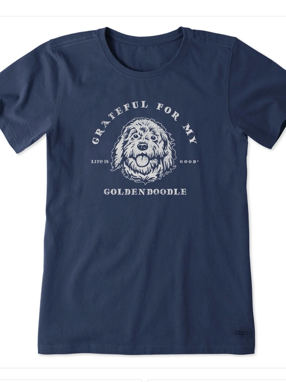 NWT LIFE IS GOOD WOMEN’S CRUSHER TEE SIZE LARGE COLOR DARK BLUE GOLDENDOODLE
